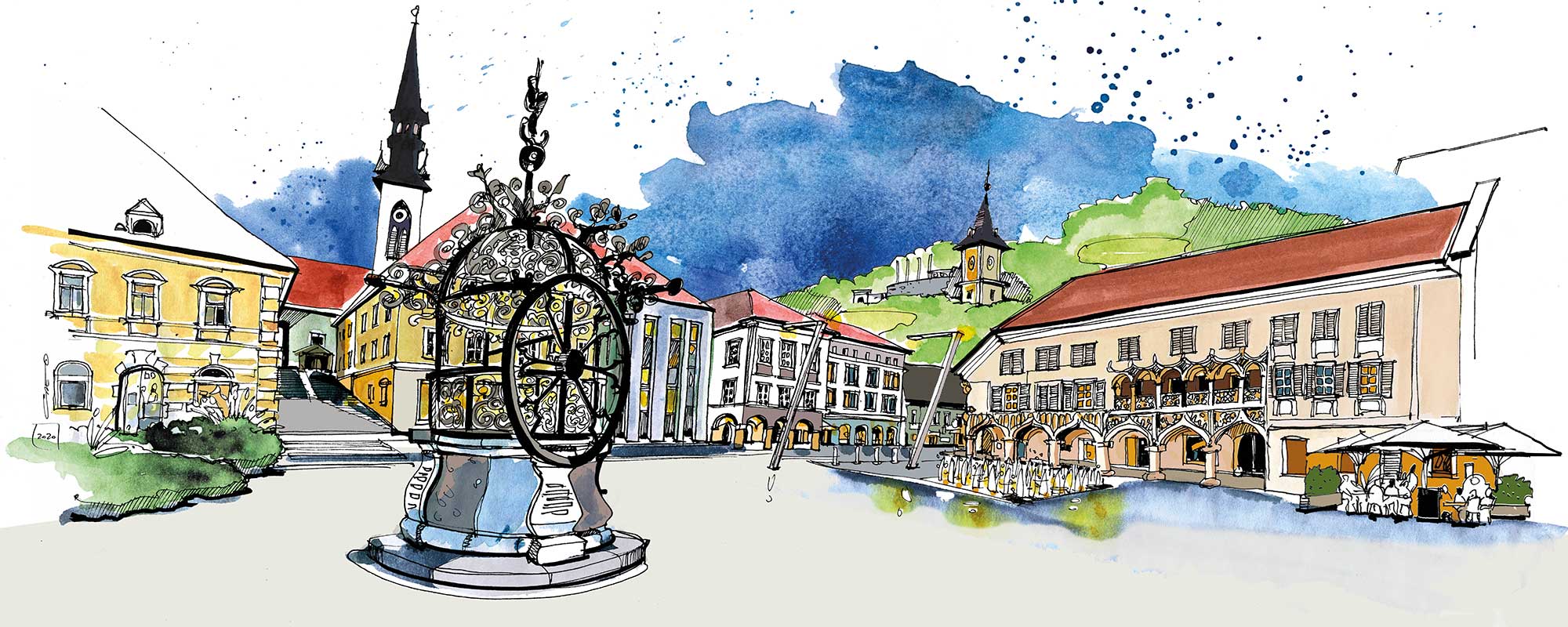 Aquarell vo Hauptplatz mit Rathaus, Eiserner Brunnen, Kornmesserhaus und Blick auf den Schlossberg mit Uhrturm