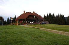 Das Schutzhaus am Hochanger, heimelige Hütte aus Holz, dahinter Wald